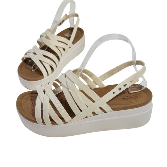 CROCS Shoes - Crocs Brooklyn Strappy Low Wedge Sandals Size 9 Stucco Mushroom Platform 206751